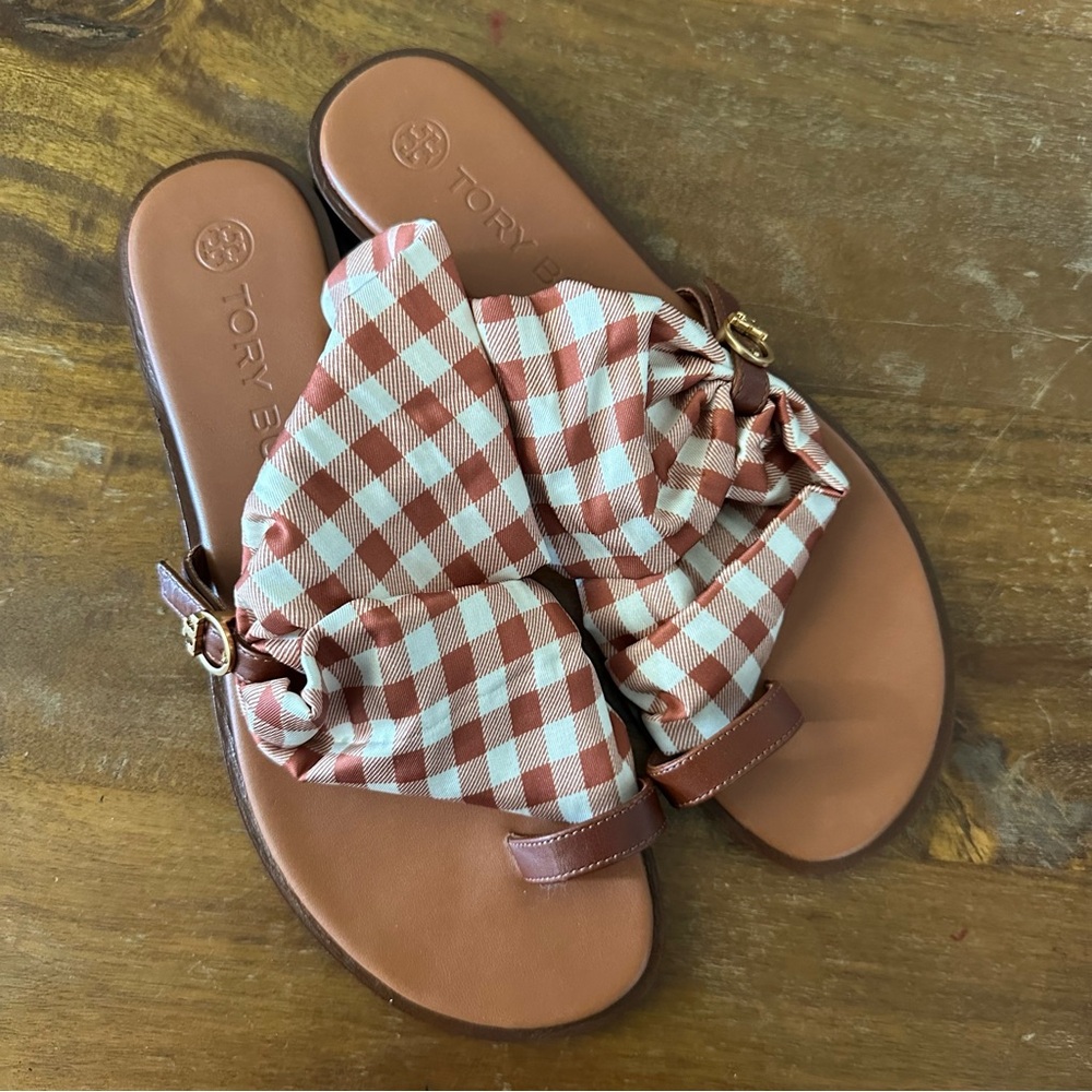 Tory Burch Checkered Sandals Brown Ladies size 8.5 NWOB
